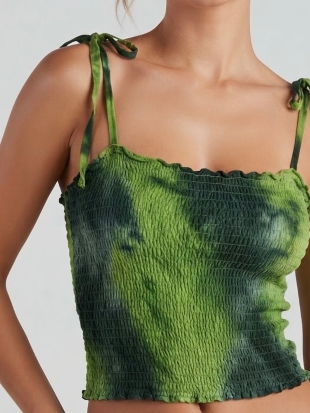 Kapal Art Bali Green Tie Dye Smocked Tie Strap Crop Top Size L